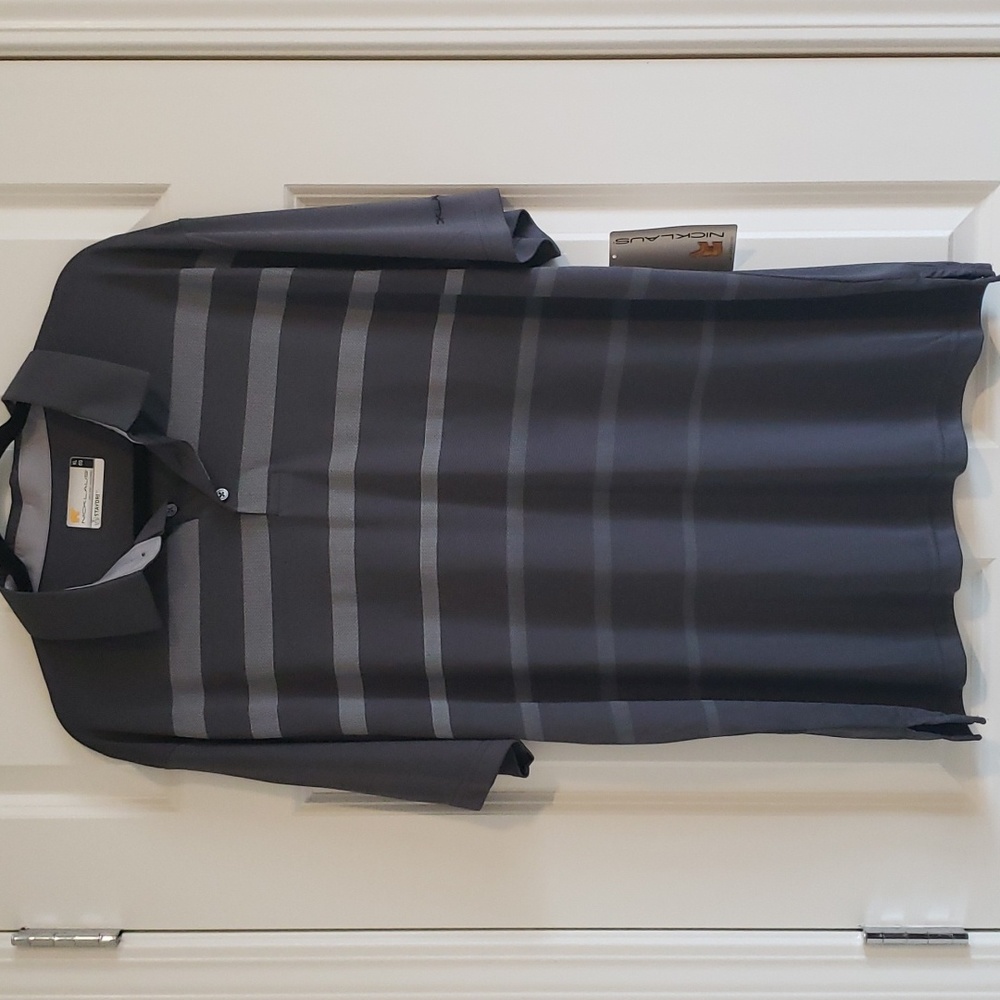 NWT MEN'S NICKLAUS SHORT SLEEVE POLO in BLACK W/GRAY STRIPS